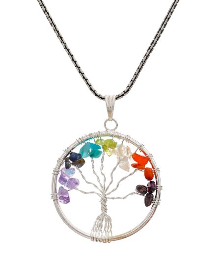 7 Chakra Pendant Tree of Life Crystal Stone Pendant Locket with Metal Chain for  Healing Crystal Healing Gemstone Size 35-40 mm clear quarts7 chakra