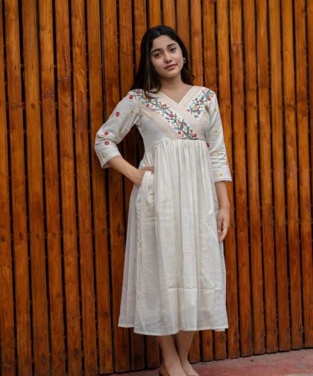 Women's Cotton Embroidered Short Anarkali Gown (Off White)