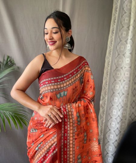 Women's Artistic Terracotta Orange Linen Saree with Kalamkari Inspired Print & Tassel Detailing – Perfect for Casual Festivities & Cultural Events