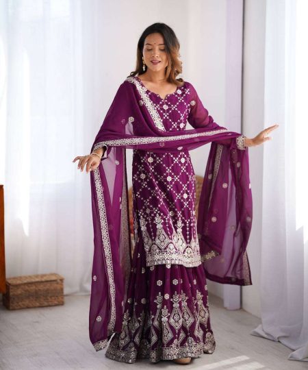 Women's Georgette Embroidery Work Straight Kurta With Sharara Suit and Dupatta Set