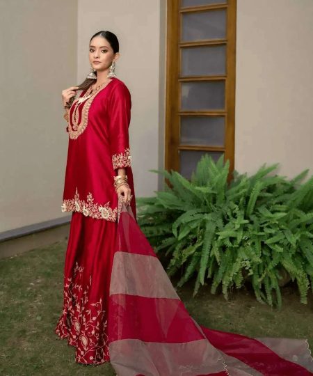 Women's Chinon Silk Sequence Embroidery Work Straight Kurti With Sharara Suit and Dupatta Set