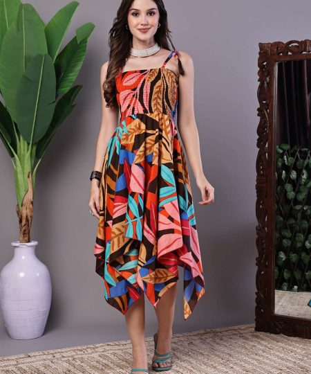 Women's MultiColor Abstract Print Cotton Handkerchief Hem Dress Midi Dresses