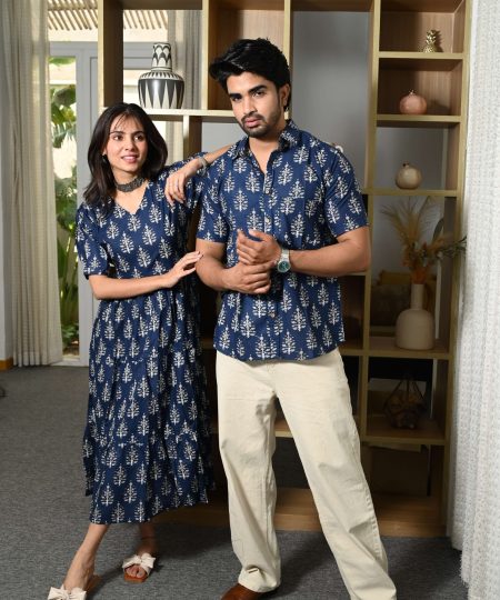Couple Matching Navy-Blue Printed Cotton Anarkali Midi Dress & Shirt Set ? Summer Casual Wear