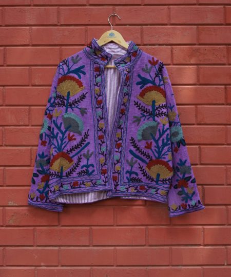 Womens Dark Purple Velvet Embroidered Jacket with Floral Design