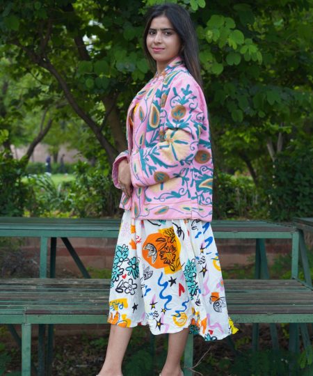 Womens Pink Velvet Embroidered Jacket with Floral Design