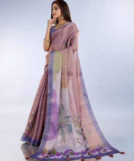 Artistic Lavender Saree with Geometric and Floral Prints