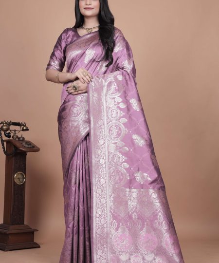 Lavender Banarasi Silk Saree with Silver Zari | Floral & Paisley Motifs | Wedding, Festive & Traditional Wear