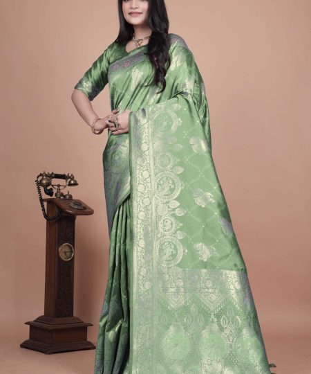 Mint Green Banarasi Silk Saree with Golden Zari | Floral & Ornate Pallu | Wedding, Festive & Traditional Wear