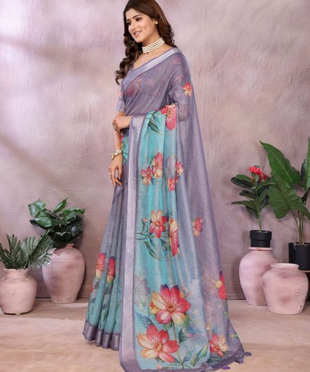 Aqua Blue Floral Printed Linen Shimmer Saree with Lavender Border
