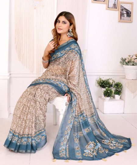 Beige Chanderi Saree with Teal Ethnic Motifs ? Elegant & Festive